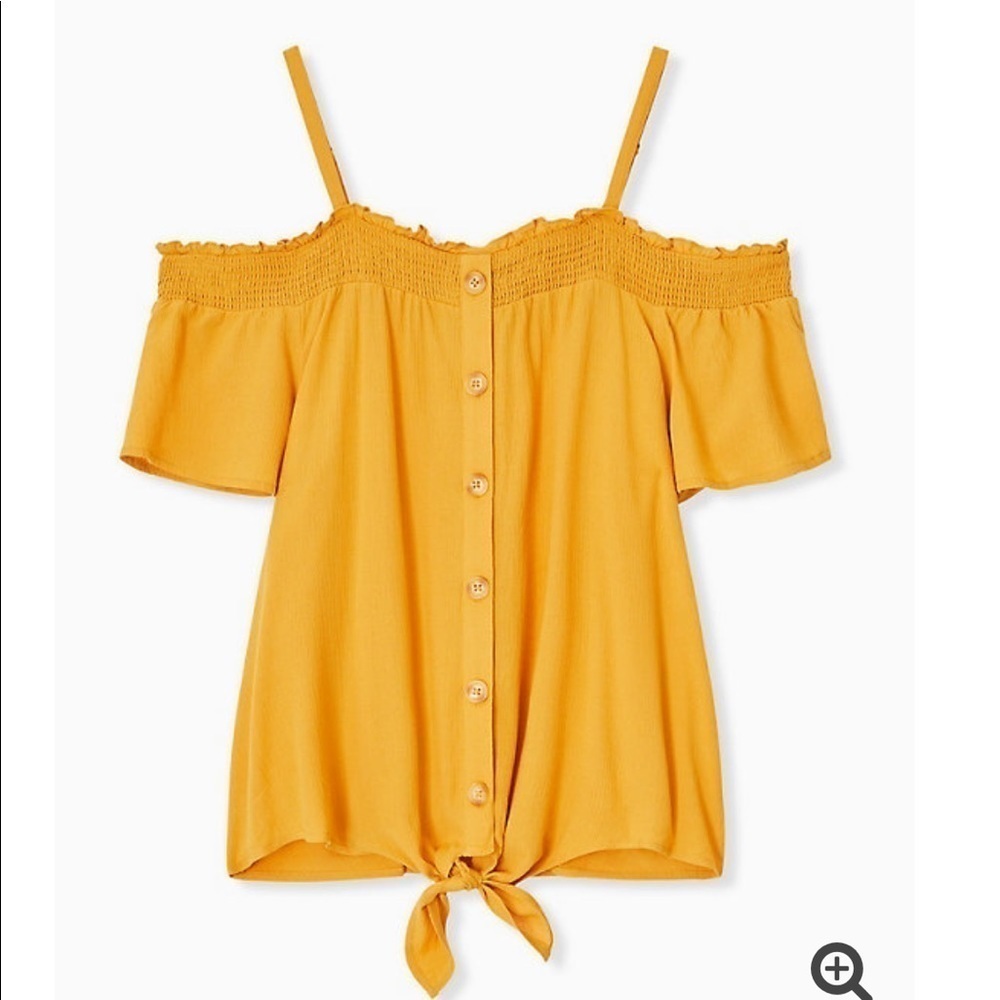 MUSTARD YELLOW GAUZE TIE FRONT COLD SHOULDER SZ 1